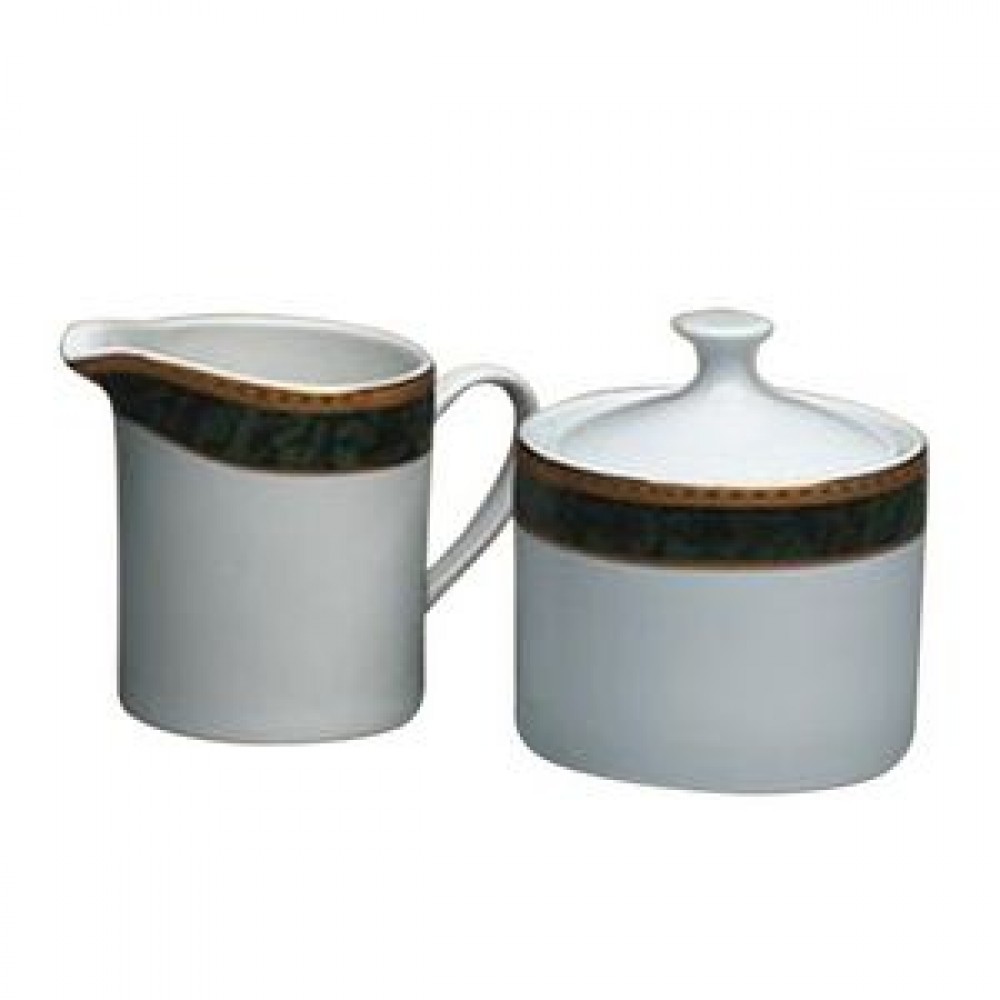 Promotional White Porcelain w/ Green & Gold Sugar & Creamer Set Promotional White Porcelain w/ Green & Gold Sugar & Creamer Set