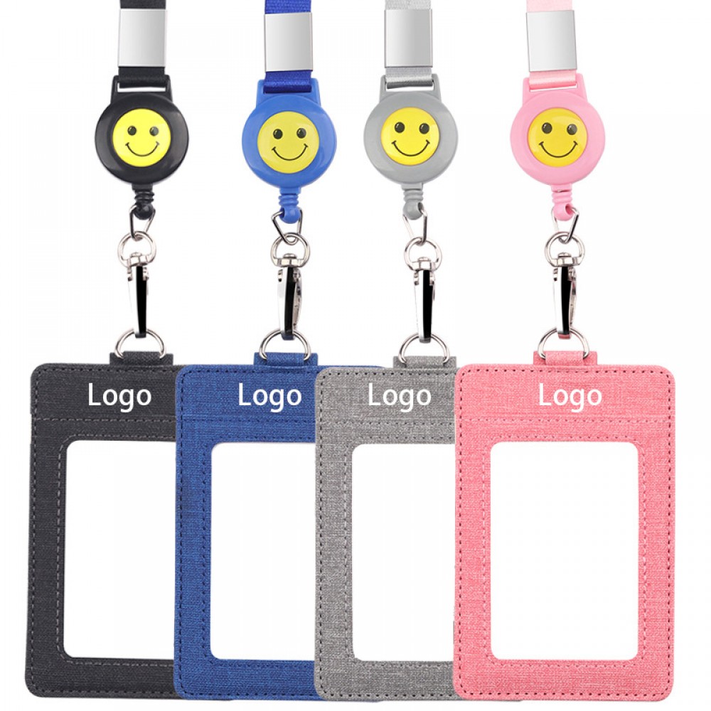 Canvas Badge Holder with Telescopic Lanyard with Logo