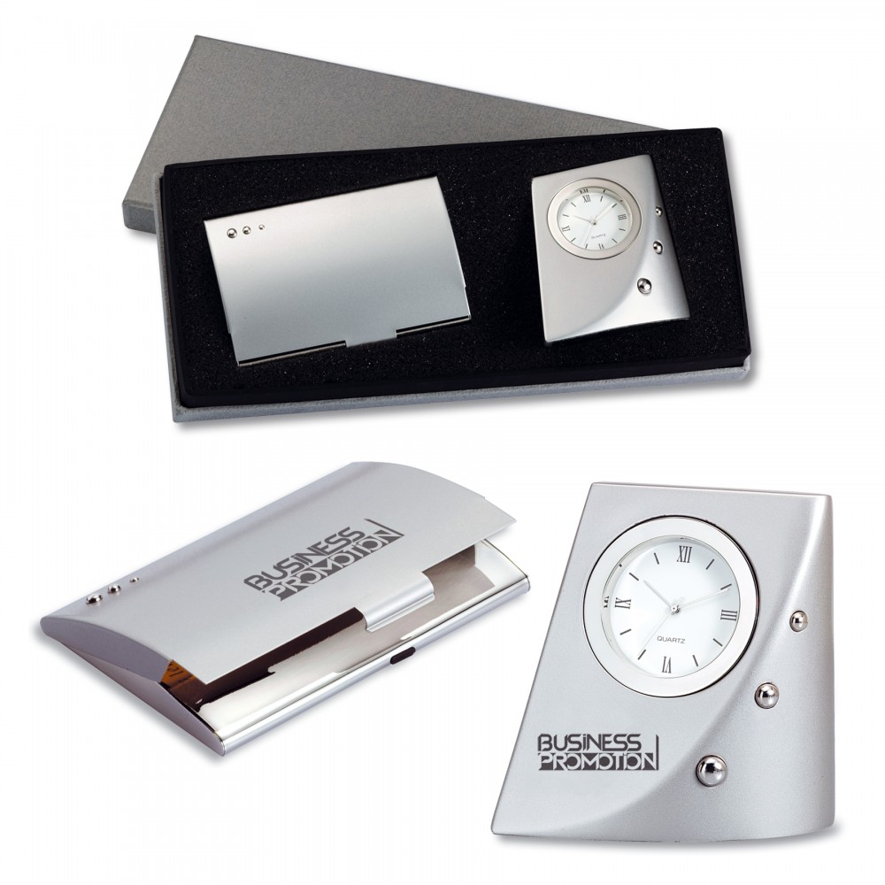 2-Piece Gift Set of Metal Desk Clock and Business Card Case with Logo