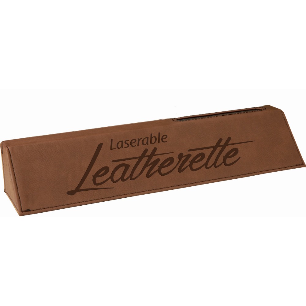 Personalized 10 1/2" Dark Brown Laser Engraved Leatherette Desk Wedge with Business Card Holder