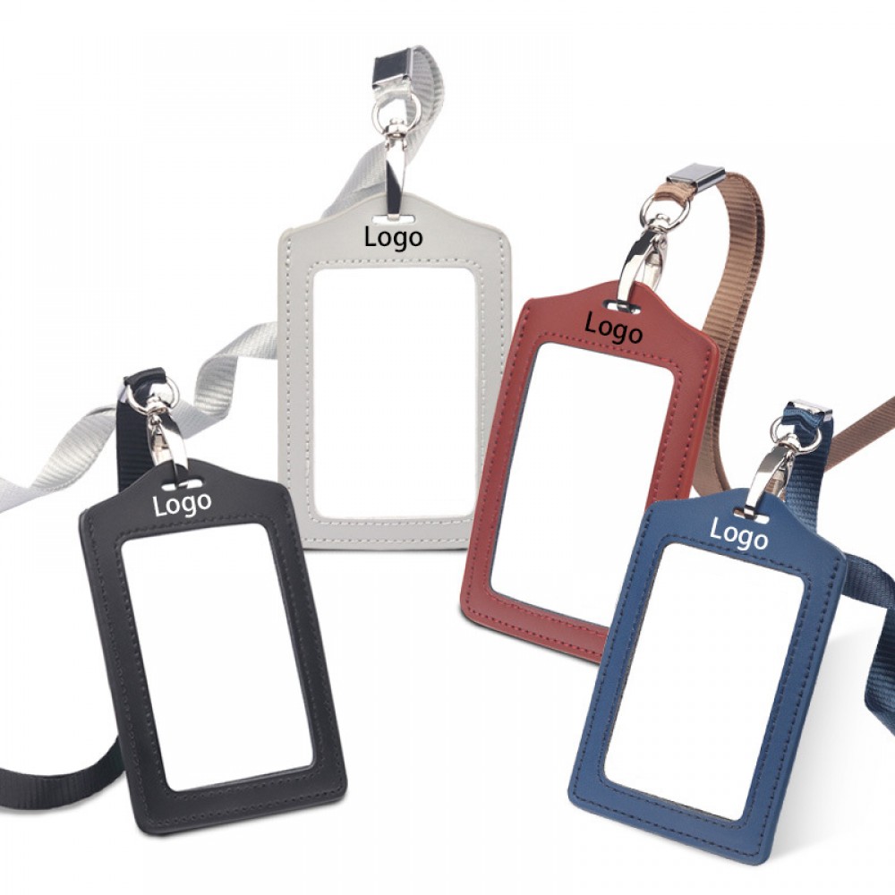 Logo Branded Leather ID Badge Holder with Lanyard