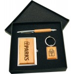 Custom Beechwood/Zinc Finish Gift Set with Business Card Case, Pen & Keychain