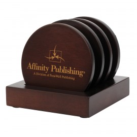 4-Piece Matte Finish Walnut Color 4" Round Wood Coaster Set comes with matching stand-up holder. with Logo