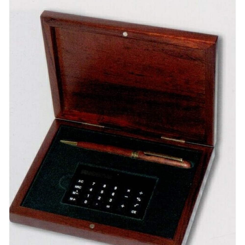 Rosewood Finish Box w/ Pen & Calculator with Logo