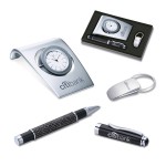 Logo Imprinted 3-Piece Gift Set of Dual Function Desk Clock & Photo Frame, Roller Ball Pen and Key Ring