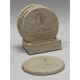 4-Pc Round Limestone-Texture Coaster Set w/Base with Logo