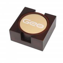 Set of 4 Coasters - 4" Round Wood Coasters with Gold Insert and Wood Base with Logo  Set of 4 Coasters - 4" Round Wood Coasters with Gold Insert and Wood Base with Logo