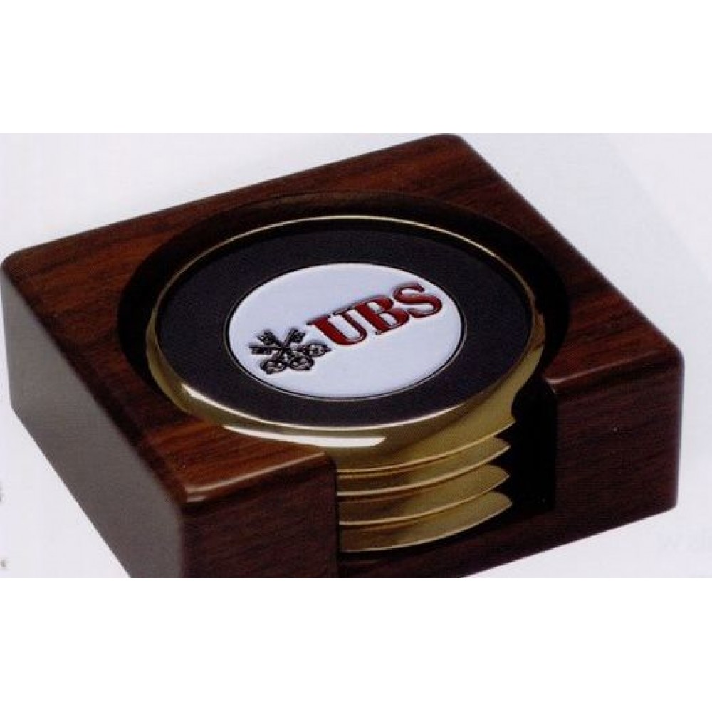 Solid Walnut Holder w/ 4 Coasters & Gift Box with Logo