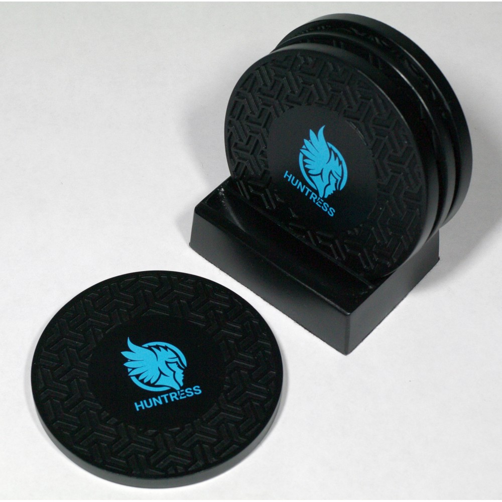 Logo Branded 4-Pc Round Triad Pattern Coaster Set w/Base Logo Branded 4-Pc Round Triad Pattern Coaster Set w/Base