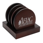 4-Piece Matte Walnut Color Wood 3.5" Round Coaster Gift Set comes with matching stand-up holder with Logo