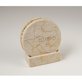 Logo Branded 2-Pc Round Limestone-Texture Coaster Set w/Base  Logo Branded 2-Pc Round Limestone-Texture Coaster Set w/Base
