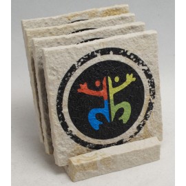 4-Pc Square Limestone-Texture Coaster Set w/Base (UV Print) with Logo