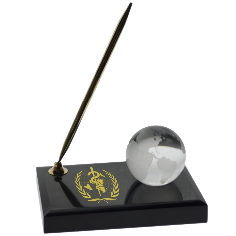 2" Optical Crystal Globe on Marble Base with Pen with Logo