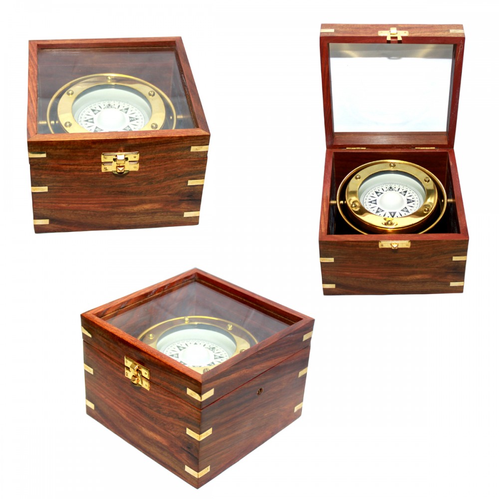 Jumbo Gamble Brass Compass In Teak Wood Box (Upgraded) with Logo