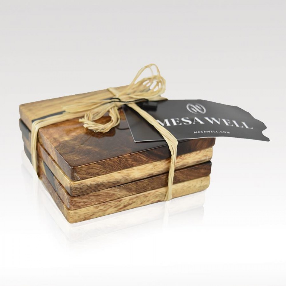 Acacia Coaster Set - 4" w/ Resin & Imprint with Logo Acacia Coaster Set - 4" w/ Resin & Imprint with Logo