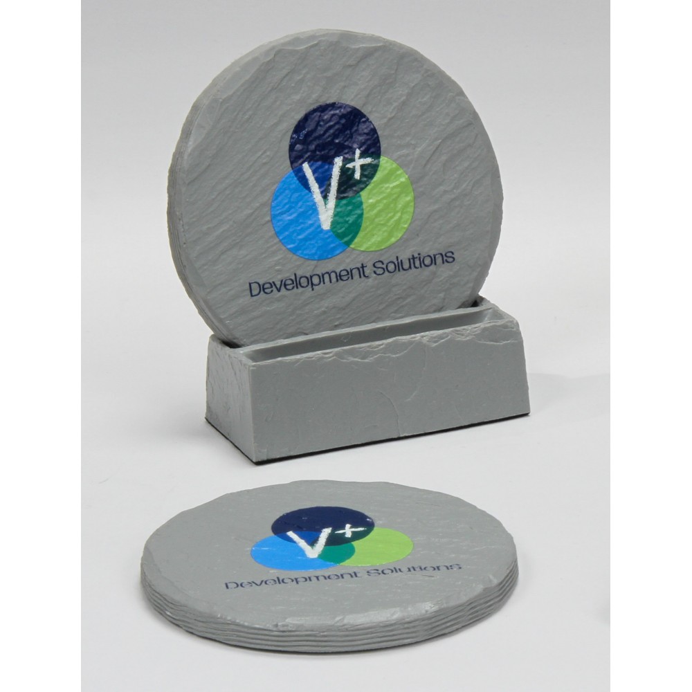 2-Pc Round Shale-Texture Coaster Set w/Base (UV Print) with Logo