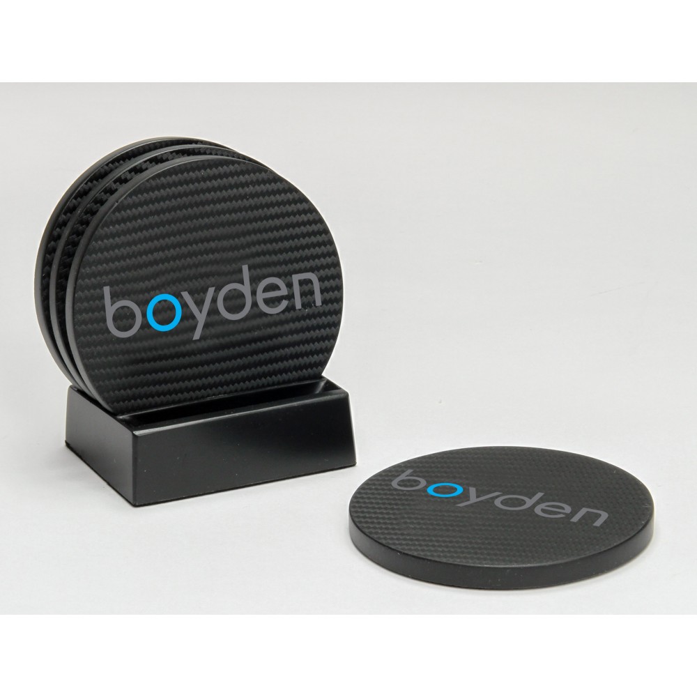 4-Pc Round Carbon Fiber-Texture Coaster Set w/Base (UV Print) with Logo