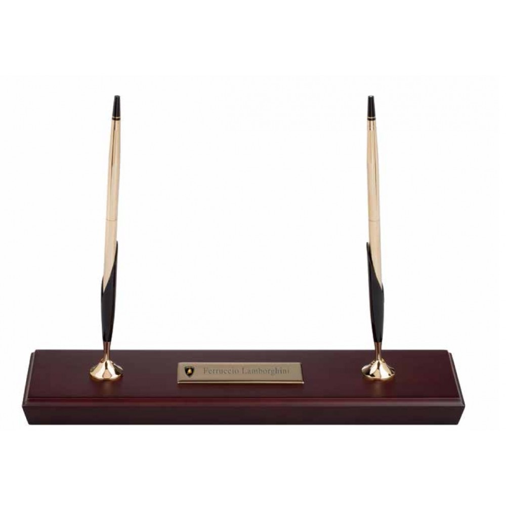Walnut & 10KT Double Desk Set Logo Imprinted Walnut & 10KT Double Desk Set Logo Imprinted