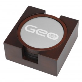 Promotional Set of 4 Coasters - 4" Round Wood Coasters with Silver Insert and Wood Base