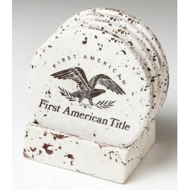 Personalized 4-Pc Round Travertine-Texture Coaster Set w/Base w/Wash