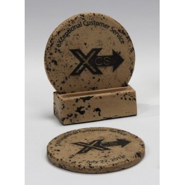 2-Pc Round Travertine-Texture Coaster Set w/Base w/Wash with Logo  2-Pc Round Travertine-Texture Coaster Set w/Base w/Wash with Logo