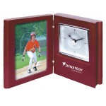 Clock - Book shape wooden desk Clock with slot for 3" x 5" Photo or customized insert with Logo
