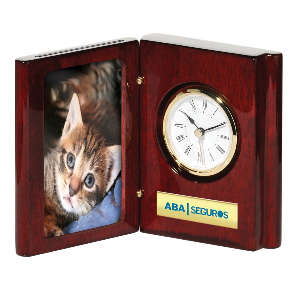 Piano Wood Finish Book Clock & Picture Frame with Logo