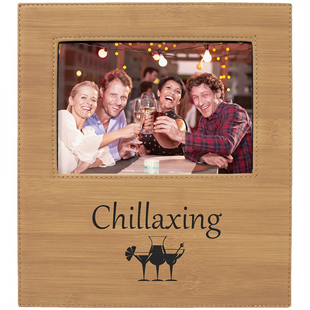 Promotional Bamboo Leatherette Photo Frame w/4 1/2" x 9 Engraving Area