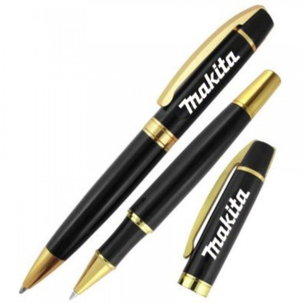 Custom Executive Metallic Gold Chrome Pen Set Ballpoint & Roller ball