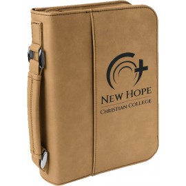 Book Cover with Handle & Zipper, Light Brown Faux Leather, 6 3/4" x 9 1/4" with Logo