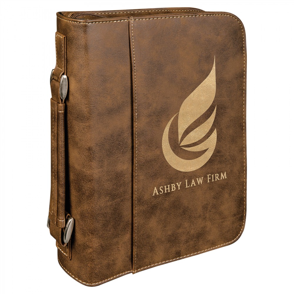 Book Cover with Handle & Zipper, Rustic Faux Leather, 7 1/2" x 10 3/4" with Logo