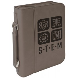 Book Cover with Handle & Zipper, Gray Faux Leather, 7 1/2" x 10 3/4" with Logo