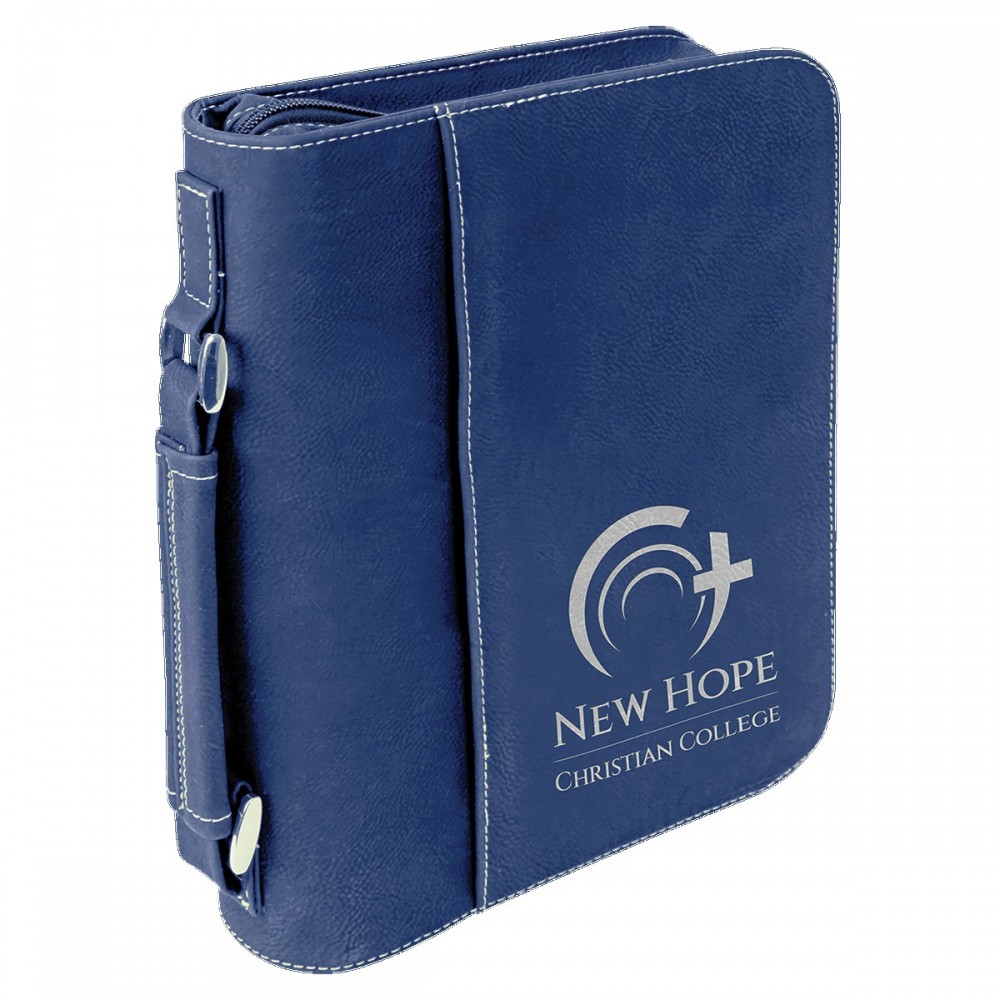 Custom Book Cover with Handle & Zipper, Blue Faux Leather, 7 1/2" x 10 3/4"