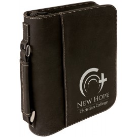 Book Cover with Handle & Zipper, Black Faux Leather, 7 1/2" x 10 3/4" with Logo  Book Cover with Handle & Zipper, Black Faux Leather, 7 1/2" x 10 3/4" with Logo
