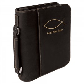 Logo Branded Book Cover with Handle & Zipper, Black Faux Leather, 7 1/2" x 10 3/4"