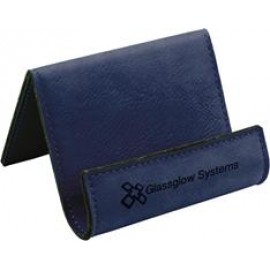 Custom Laser Engraved Leatherette Holder-Blue/Engraves Black with Logo