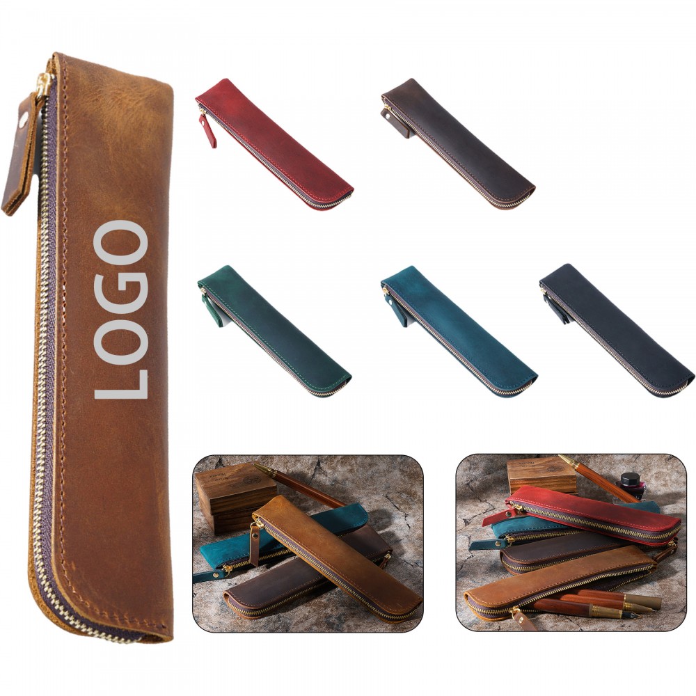Genuine Leather Zipper Pencil Case with Logo Genuine Leather Zipper Pencil Case with Logo