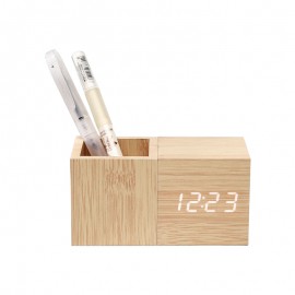 Digital Wooden LED Alarm Clock with Pen Holder with Logo