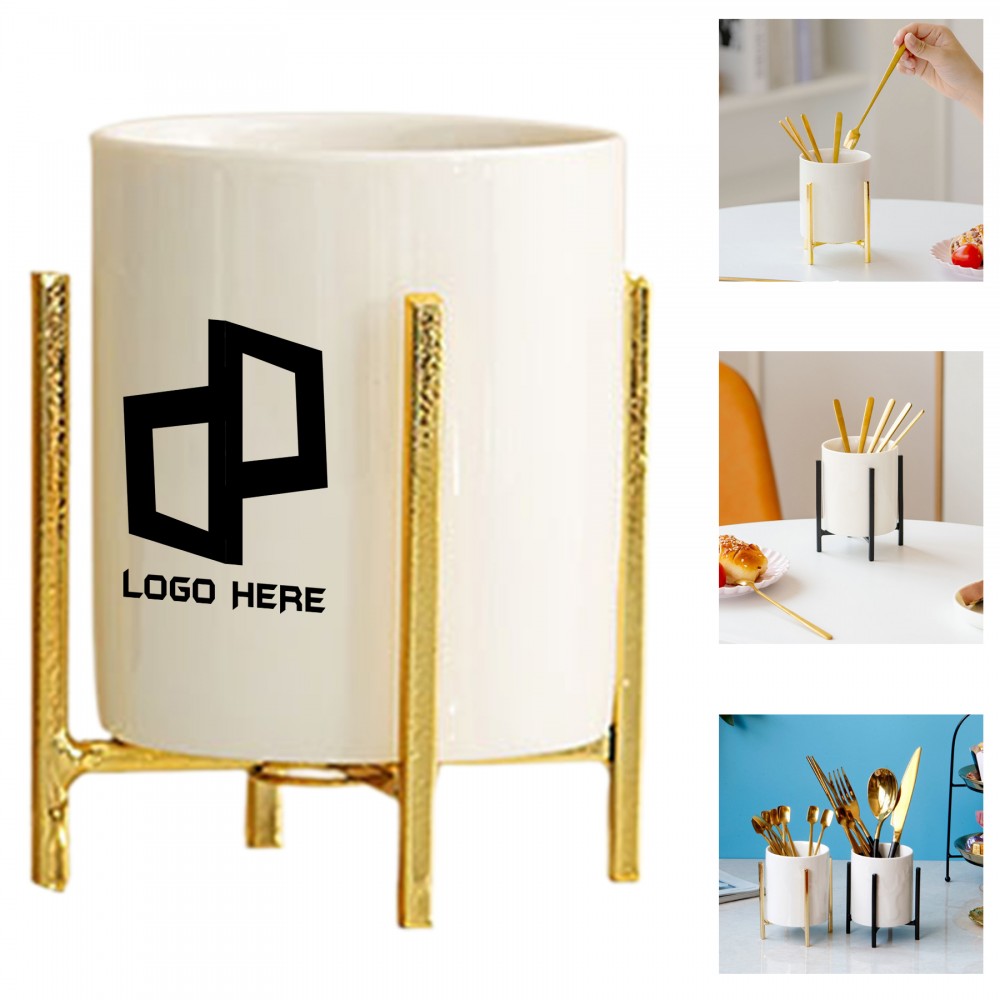 Durable Ceramic Pen Holder W/ Gold Bracket with Logo Durable Ceramic Pen Holder W/ Gold Bracket with Logo