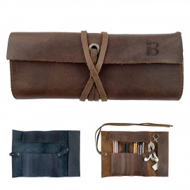 Cowhide Leather Roll Pencil Case Bag with Logo