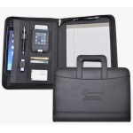 Zippered Letter Size Business Case/Organizer, Retractable Handle, Black soft simulated leather. with Logo
