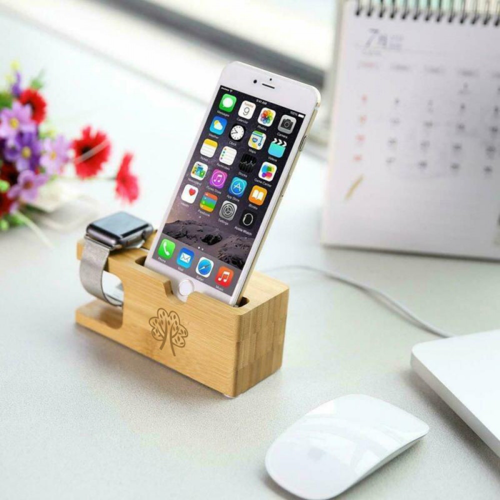 Logo Branded Cell Phone Stand W/Watch Charging Slot Natural Bamboo Wooden Desktop Mobile Phone Holder