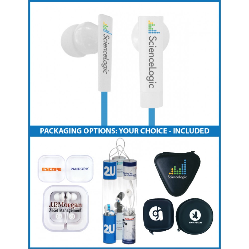 The Symphony Stereo Earbuds with upgraded speakers and choice of packaging with Logo