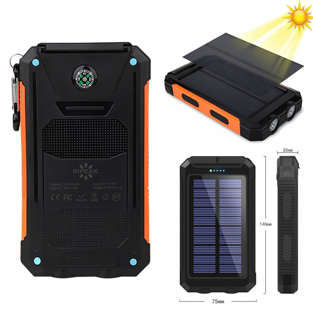 Customized 10000mAh Solar Dual Port Water Resistant Power Bank W/ 2 LED Lights