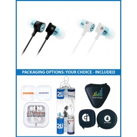 The Bolt Metal Stereo Earbuds with upgraded speakers, and choice of custom packaging with Logo