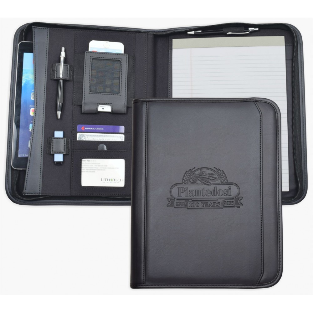 Zippered Letter Size Business Case/Padfolio, iPhone/iPad case, Black soft simulated leather. with Logo