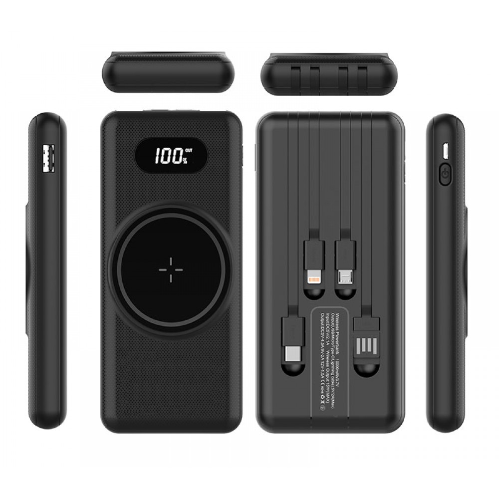 Wireless Power Bank with Built-In Cables - 10000 mAh with Logo Wireless Power Bank with Built-In Cables - 10000 mAh with Logo