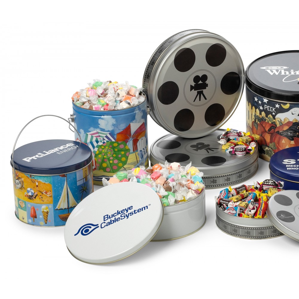 Logo Printed Small Movie Reel Tin w/ Nostalgia Candy Mix Logo Printed Small Movie Reel Tin w/ Nostalgia Candy Mix