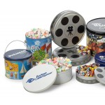 Logo Printed Small Movie Reel Tin w/ Nostalgia Candy Mix