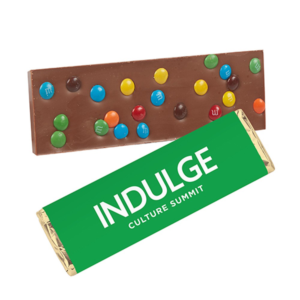 Foil Wrapped Belgian Chocolate Bar w/ M&M Topping Logo Printed Foil Wrapped Belgian Chocolate Bar w/ M&M Topping Logo Printed